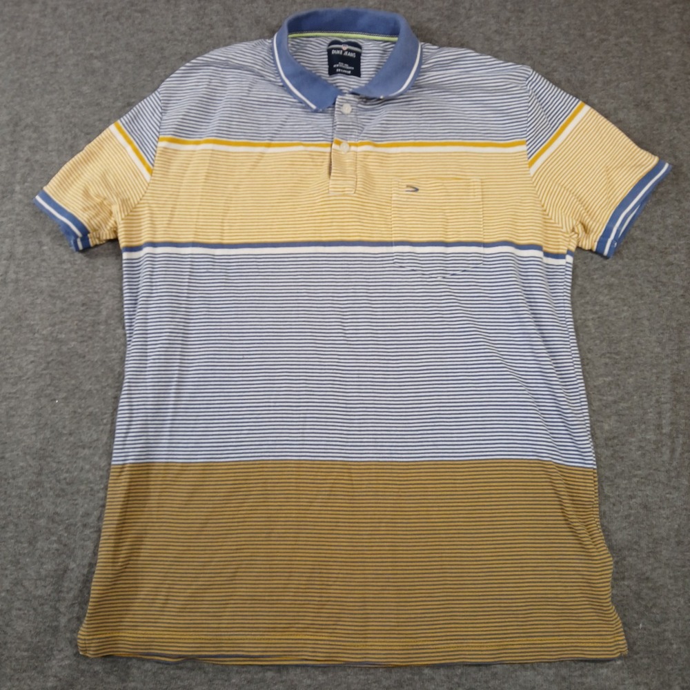 Duke Jean Mens Size 2XL Multi Color Blue Yellow Striped Short Sleeve Cotton Polo
